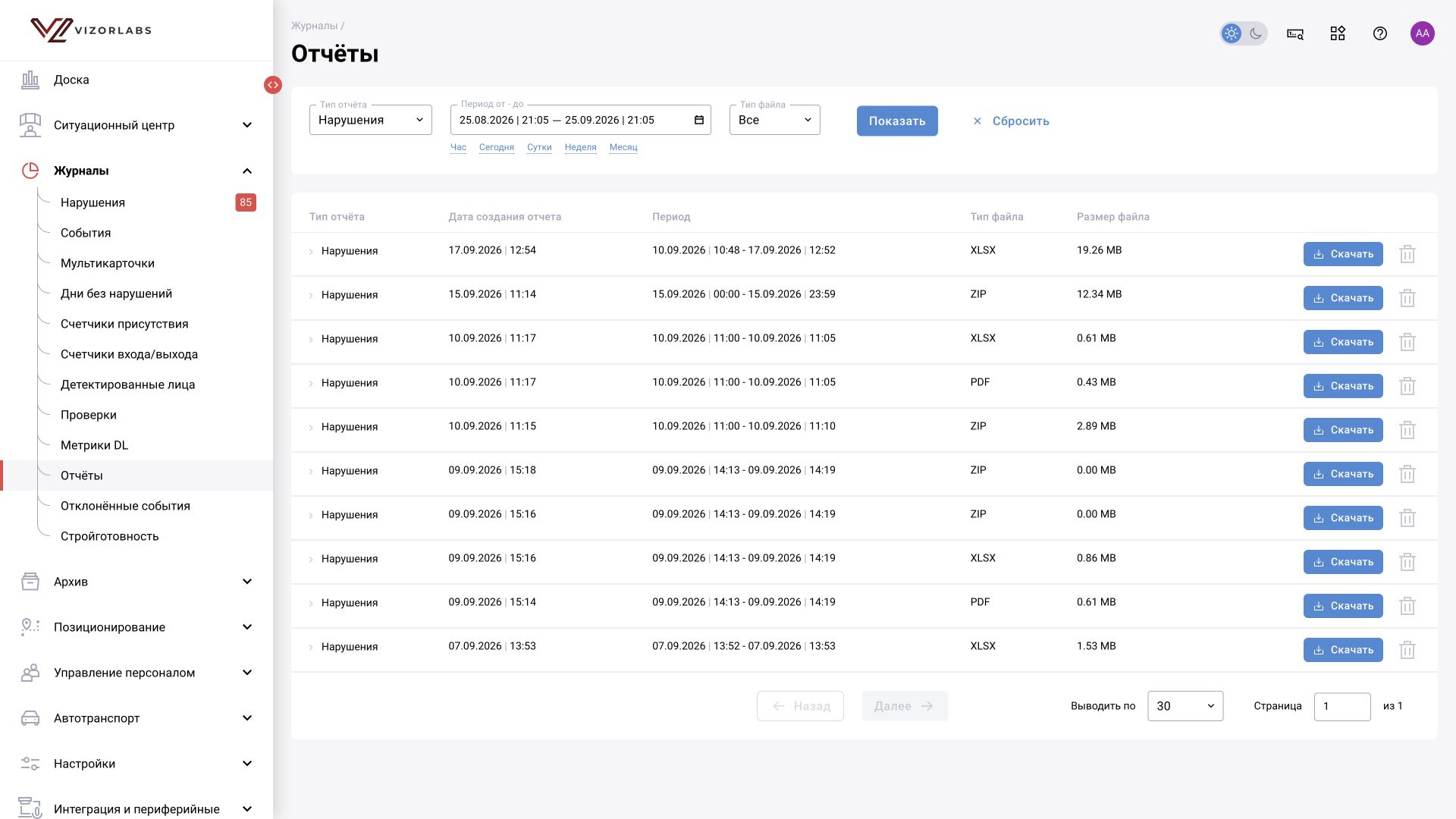 Журналы → Отчёты: интерфейс BOX 5.0.