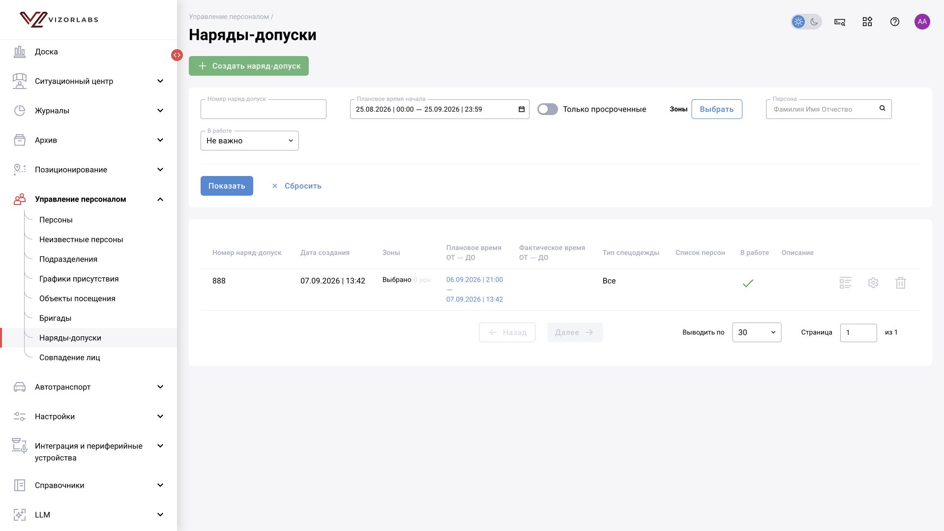 Управление персоналом → Наряды-допуски: интерфейс BOX 5.0.