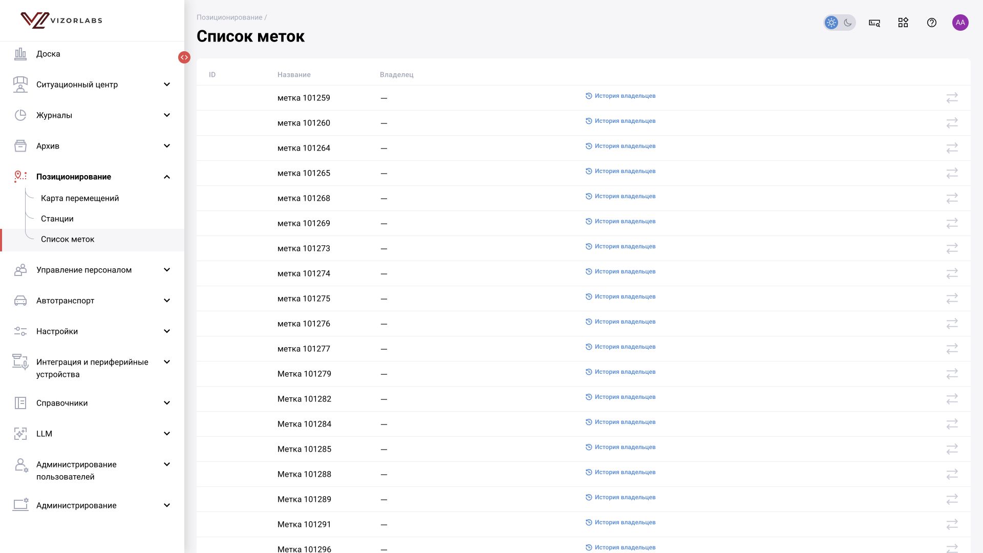 Позиционирование → Список меток: интерфейс BOX 5.0.