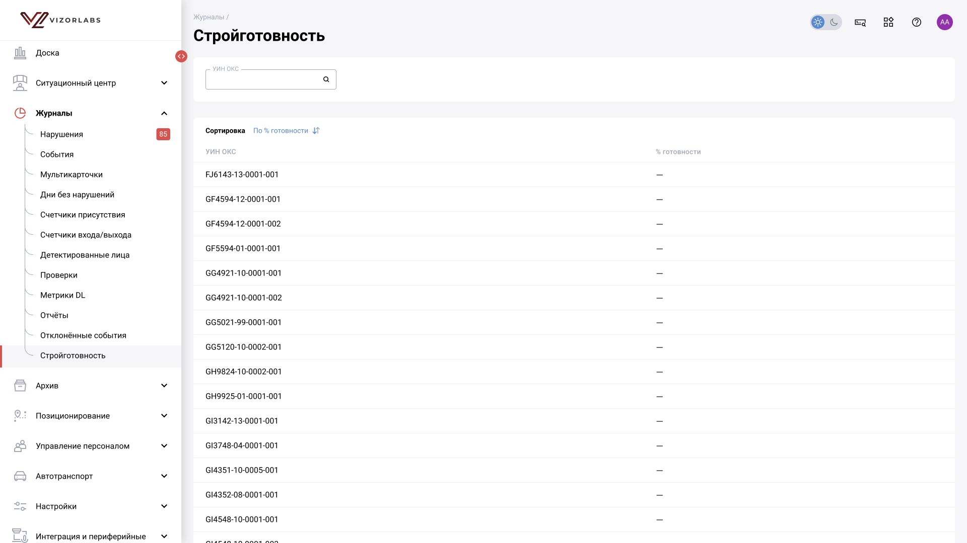 Журналы → Стройготовность: интерфейс BOX 5.0.
