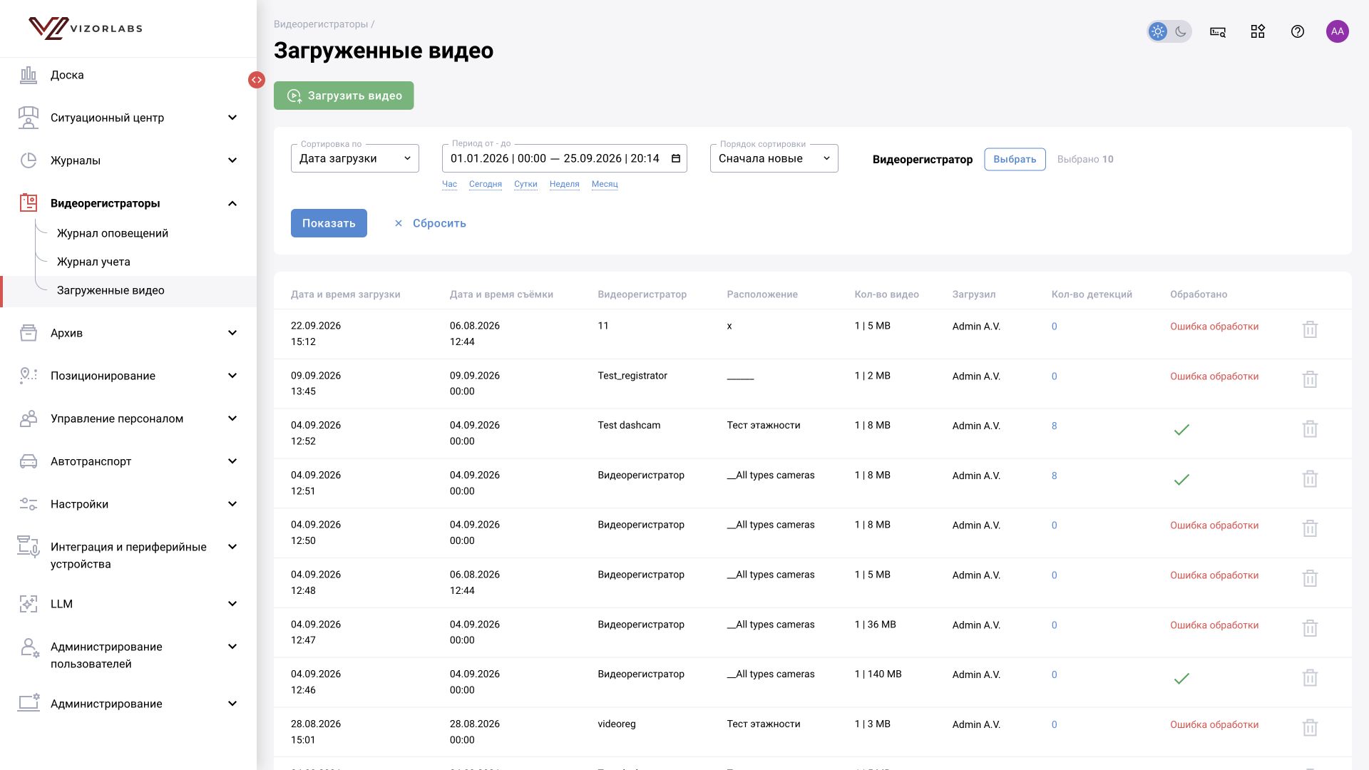 Интерфейс BOX 3.2. Видеорегистраторы → Загруженные видео: общий вид раздела.