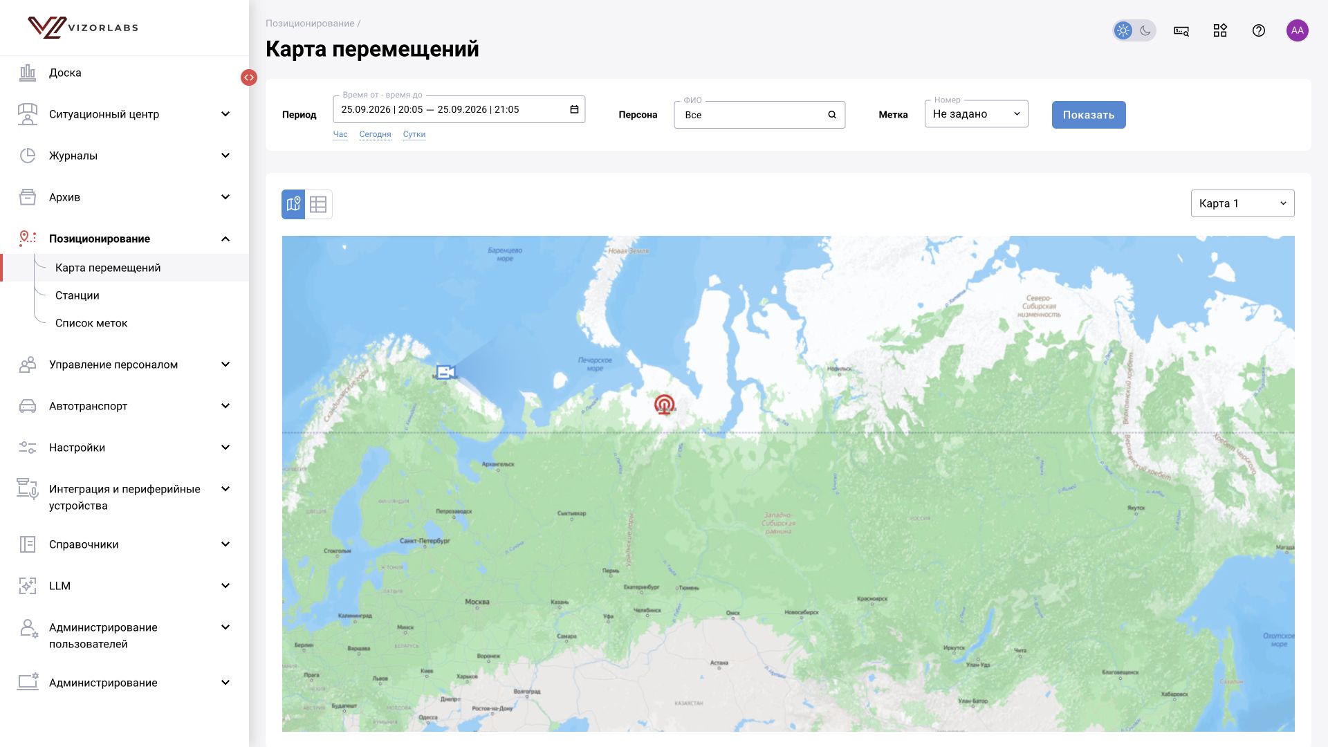 Позиционирование → Карта перемещений: интерфейс BOX 5.0.