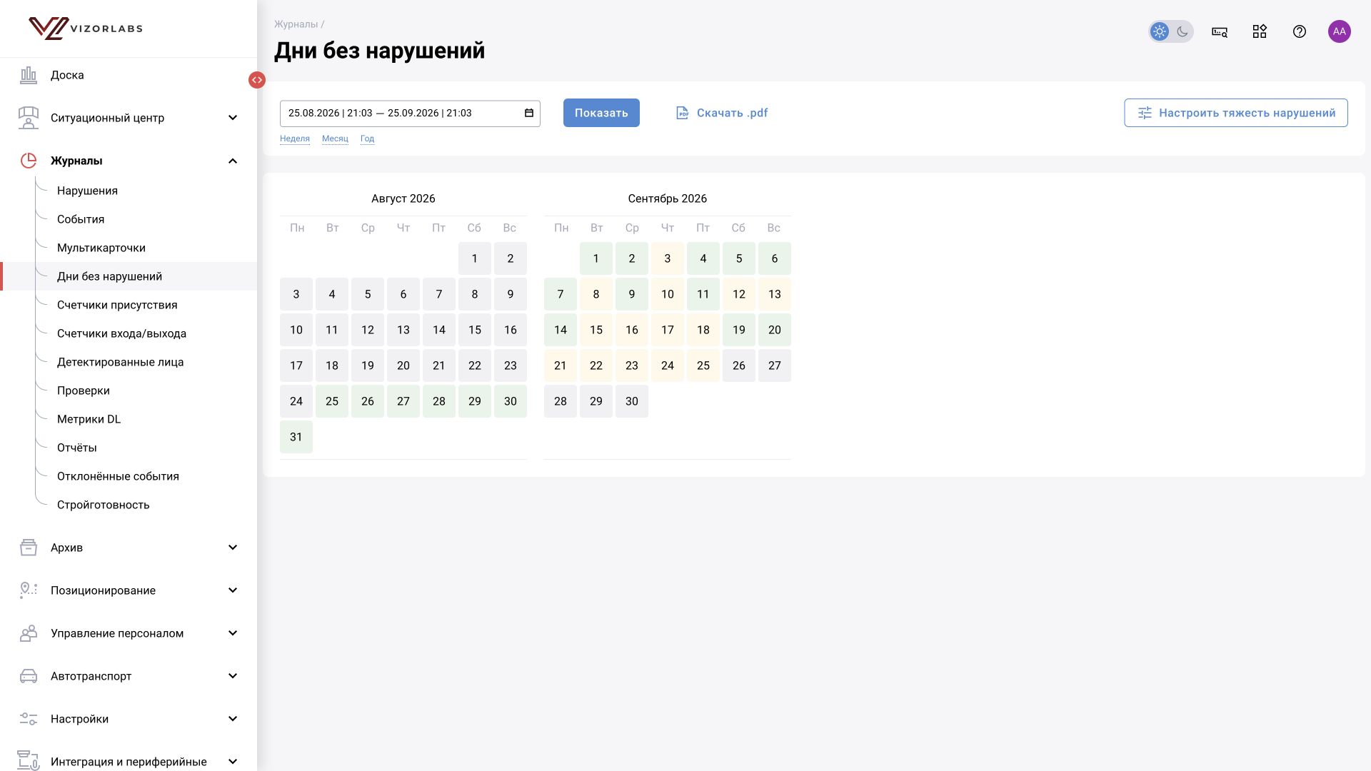 Журналы → Дни без нарушений: интерфейс BOX 5.0.