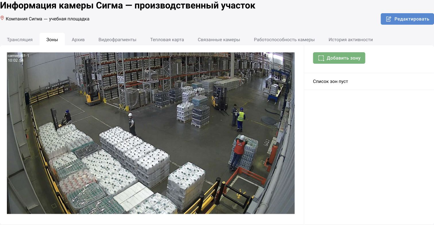 Вкладка «Зоны» учебной камеры до разметки: список пуст, справа доступна кнопка «Добавить зону». После создания контура отдельно проверяют, как его использует правило аналитики.