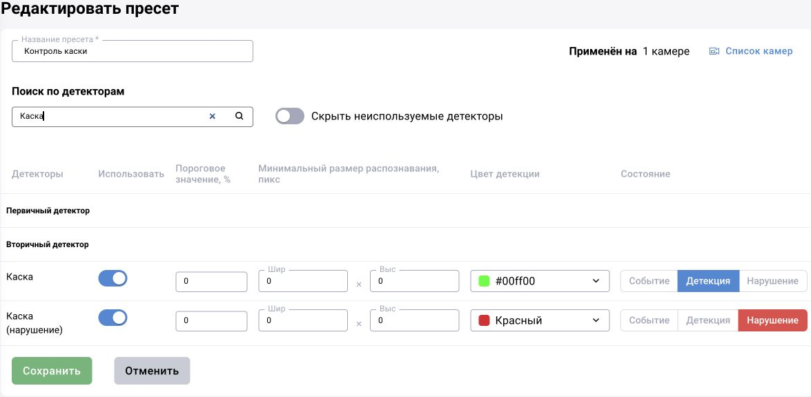 Пресеты — общий модуль BOX; снимок BOX 3.2. В примере «Каска» выдаёт детекцию, «Каска (нарушение)» — нарушение. Показанные пороги и размеры относятся к демонастройке и требуют проверки на своей камере.
